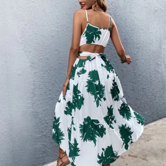 Boho Blue Floral Tropical Leaves Cut out Cami Ruffle Dress - Picture 3 of 12